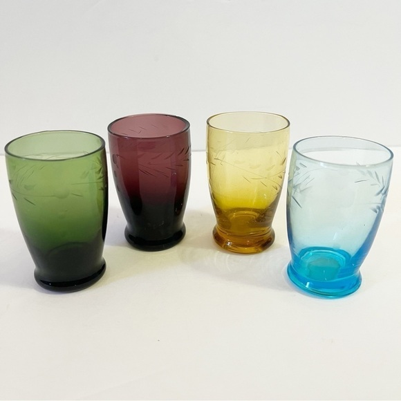 Depression Glass Wheat Pattern Cordial Shot Glass Multicolor Hand Cut Liqueur 4x - Picture 1 of 7